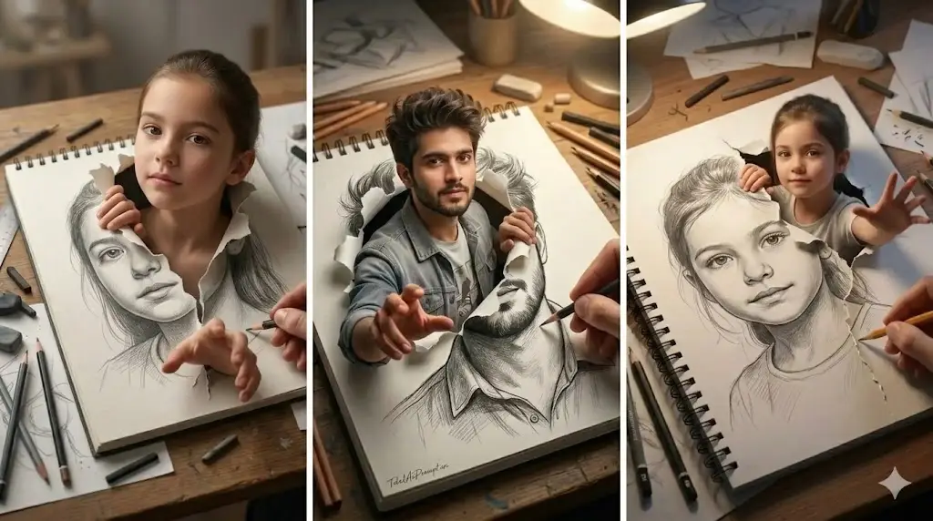 3D Optical Illusion Portrait: Breaking Out of Notebook Paper – AI Prompt