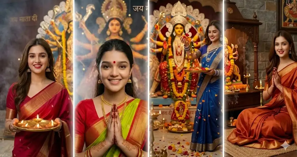 Durga Puja AI Prompt: Beautiful Girl Devotional Pose with Maa Durga