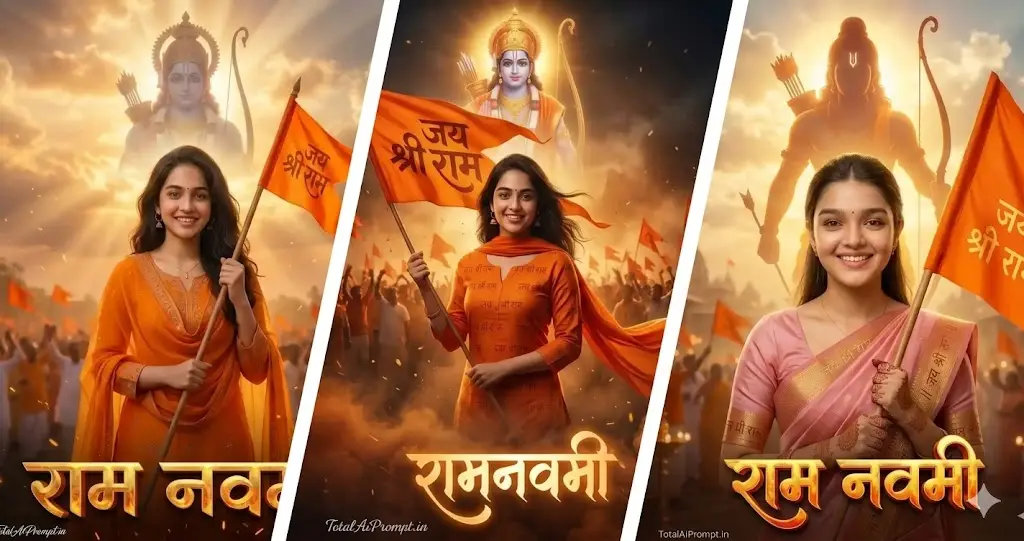 Ram Navami AI Photo Editing Prompt for Girl – Jai Shree Ram Flag 8K